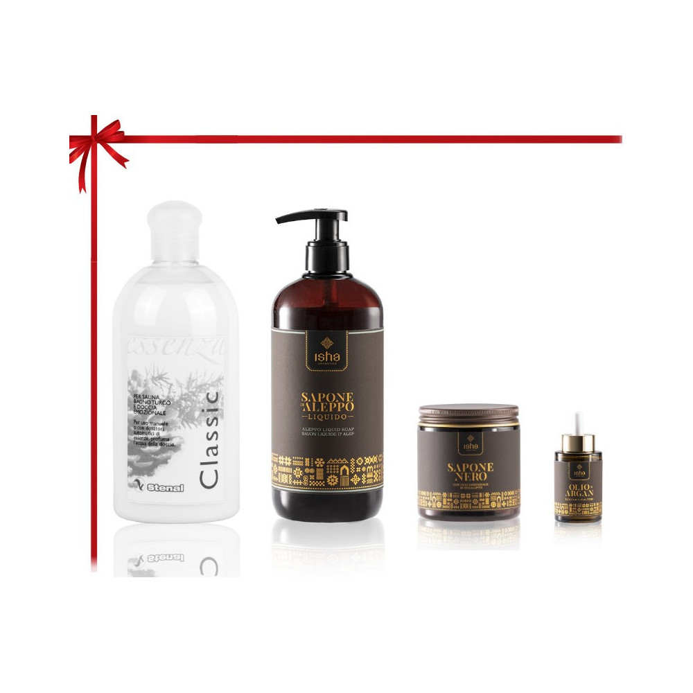 kit prodotti professionali con olio di argan e olio di alloro per trattamenti beauty dopo sauna