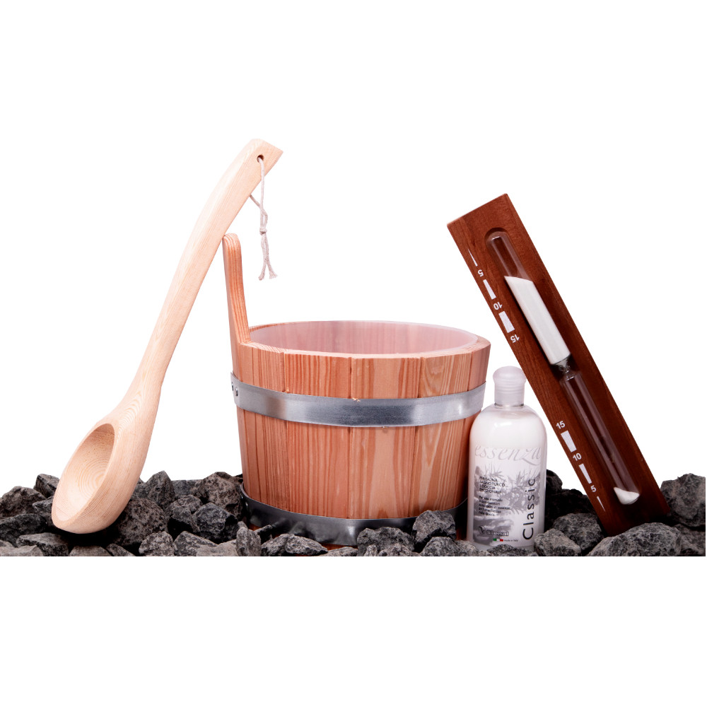 kit accessori per sauna composto da clessidra in legno, secchio per sauna, cucchiaio per sauna, pietre laviche e aromi per sauna